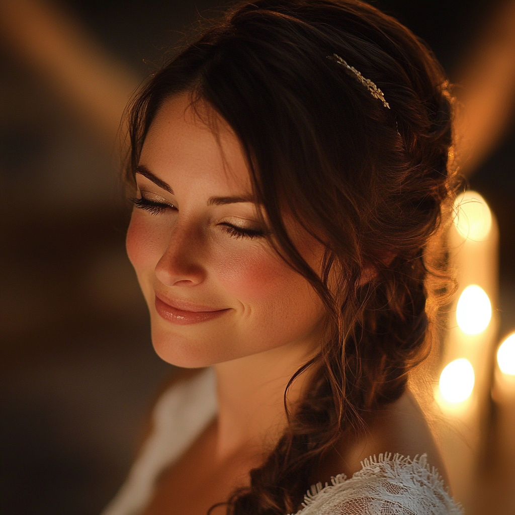 A happy bride with her eyes closed | Source: Midjourney