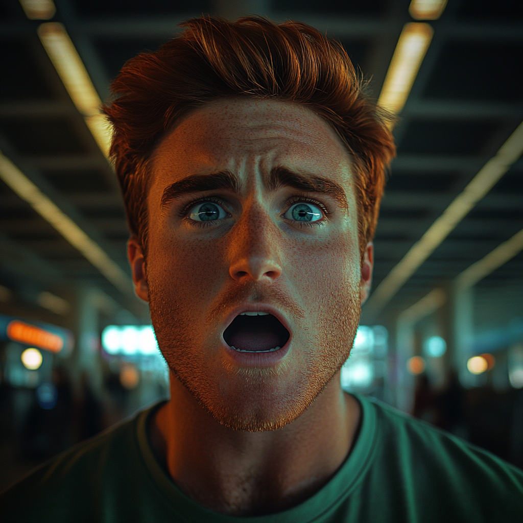 A shocked man at the airport | Source: Midjourney