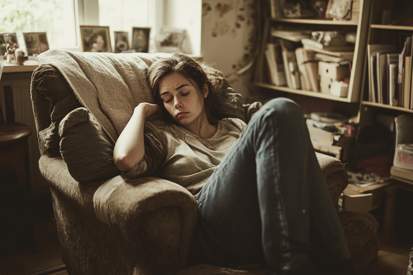 An exhausted woman in an armchair | Source: Midjourney