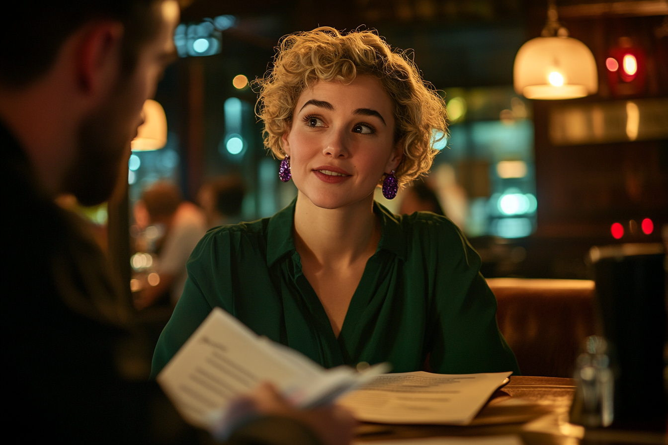 A couple sitting at a table in a restaurant, smiling and looking at papers | Source: Midjourney