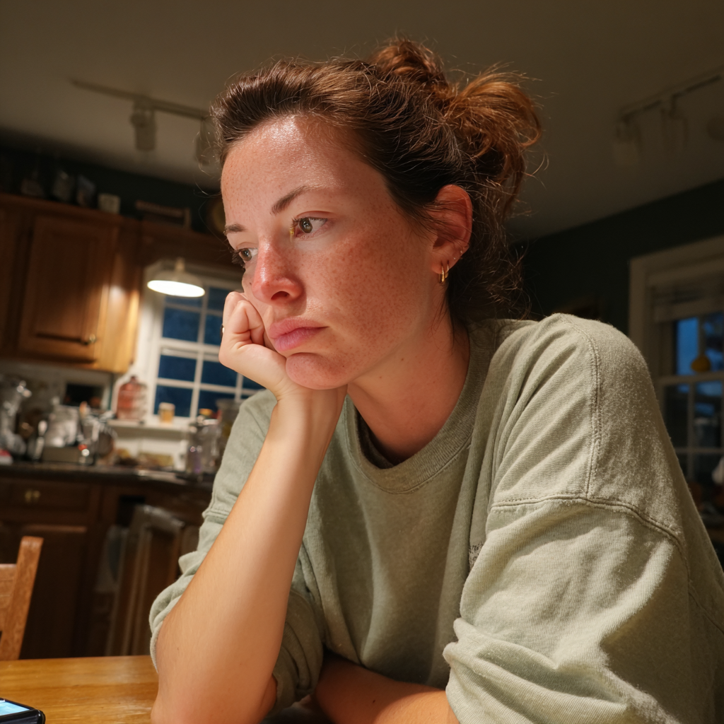 A woman sitting at a kitchen table | Source: Midjourney