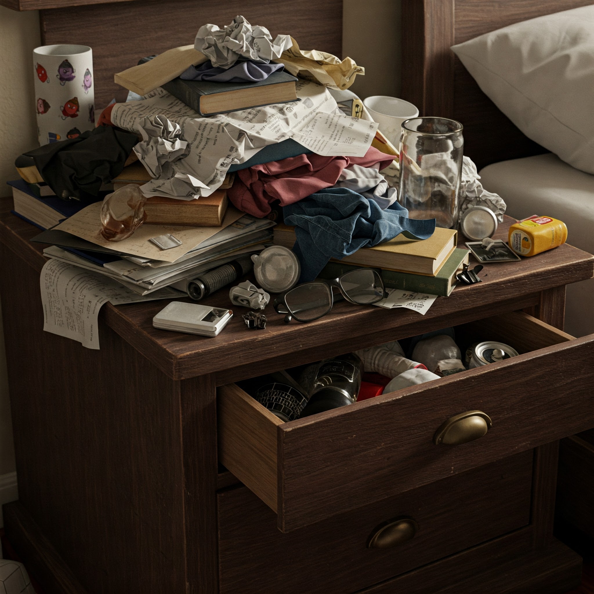 Trash and junk on a nightstand | Source: Gemini