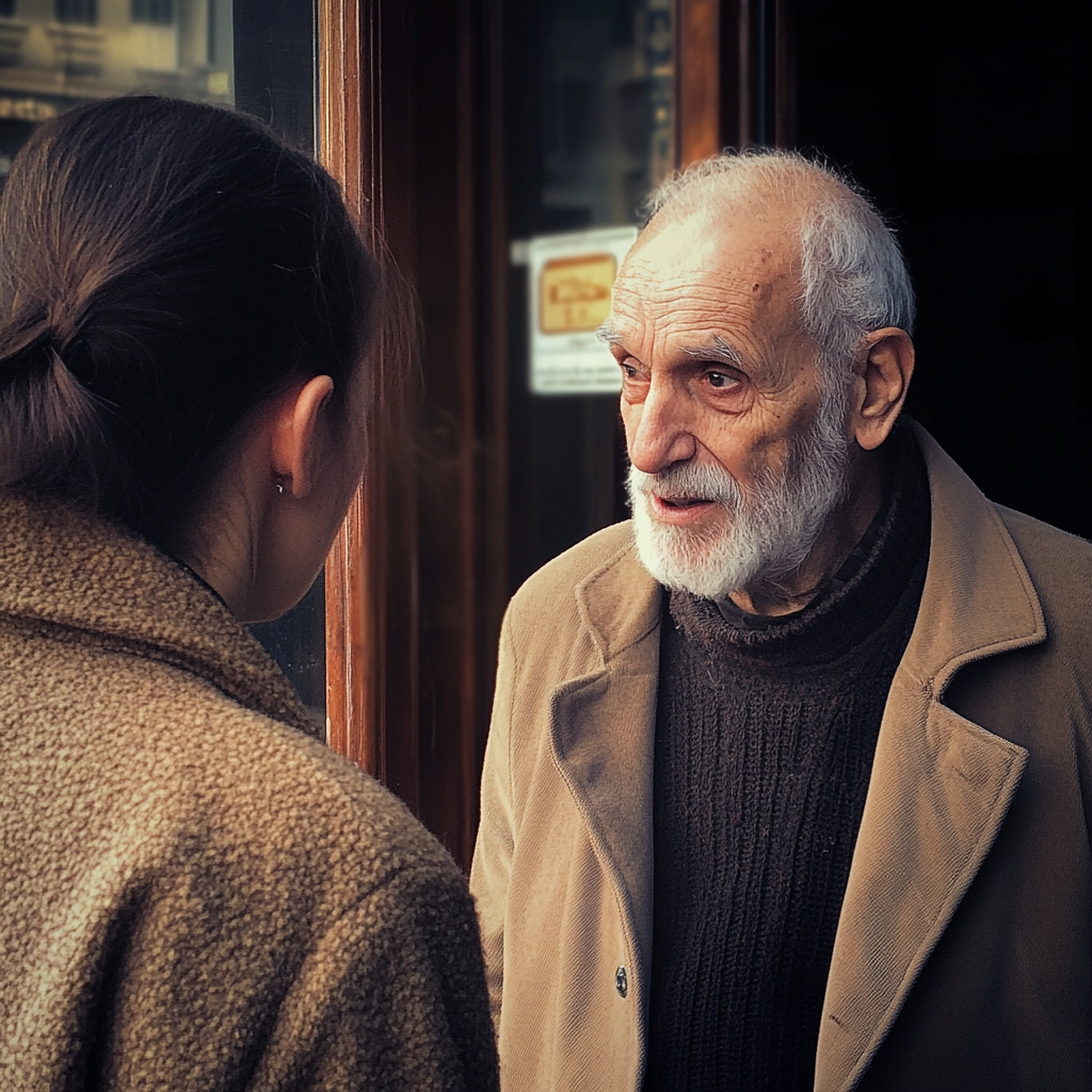 Woman having a conversation with a senior man | Source: Midjourney