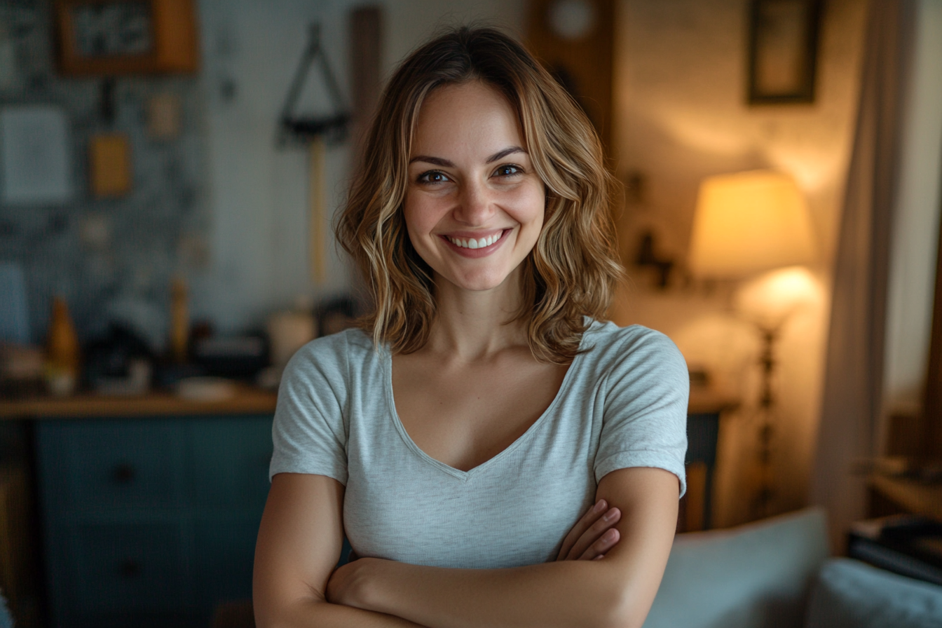 Une femme les bras croisés, souriant avec satisfaction | Source : Midjourney