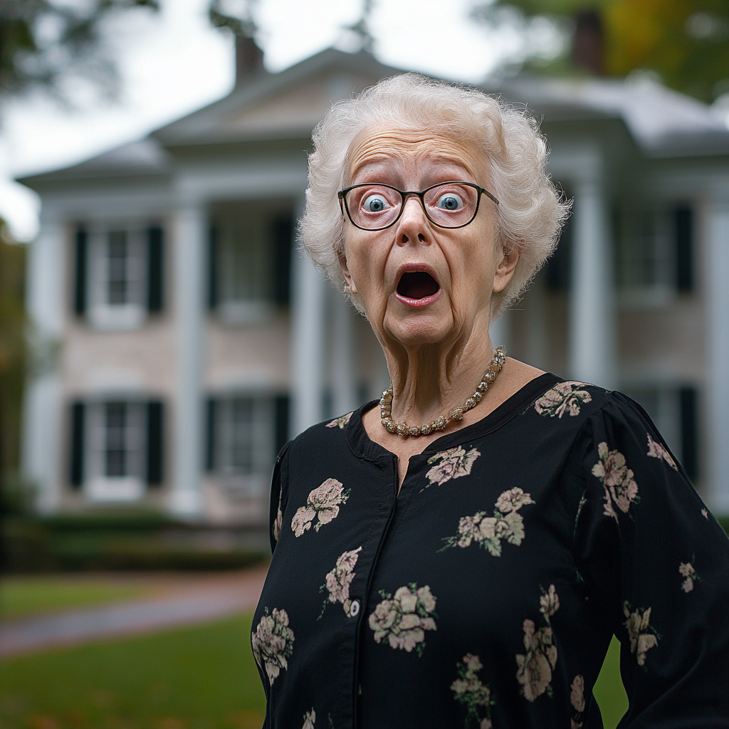 A shocked woman in front of a mansion | Source: Midjourney