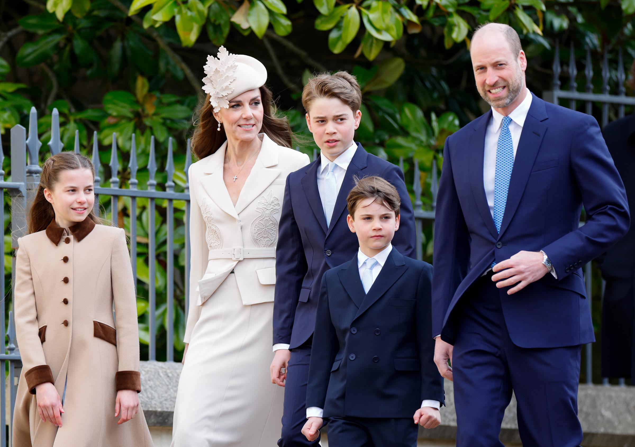 Princess Charlotte of Wales, Catherine, Princess of Wales, Prince George of Wales, Prince Louis of Wales, and Prince William, Prince of Wales attend the traditional Easter Sunday Mattins Service at St George's Chapel, Windsor Castle on April 5, 2026 in Windsor, England. | Source: Getty Images