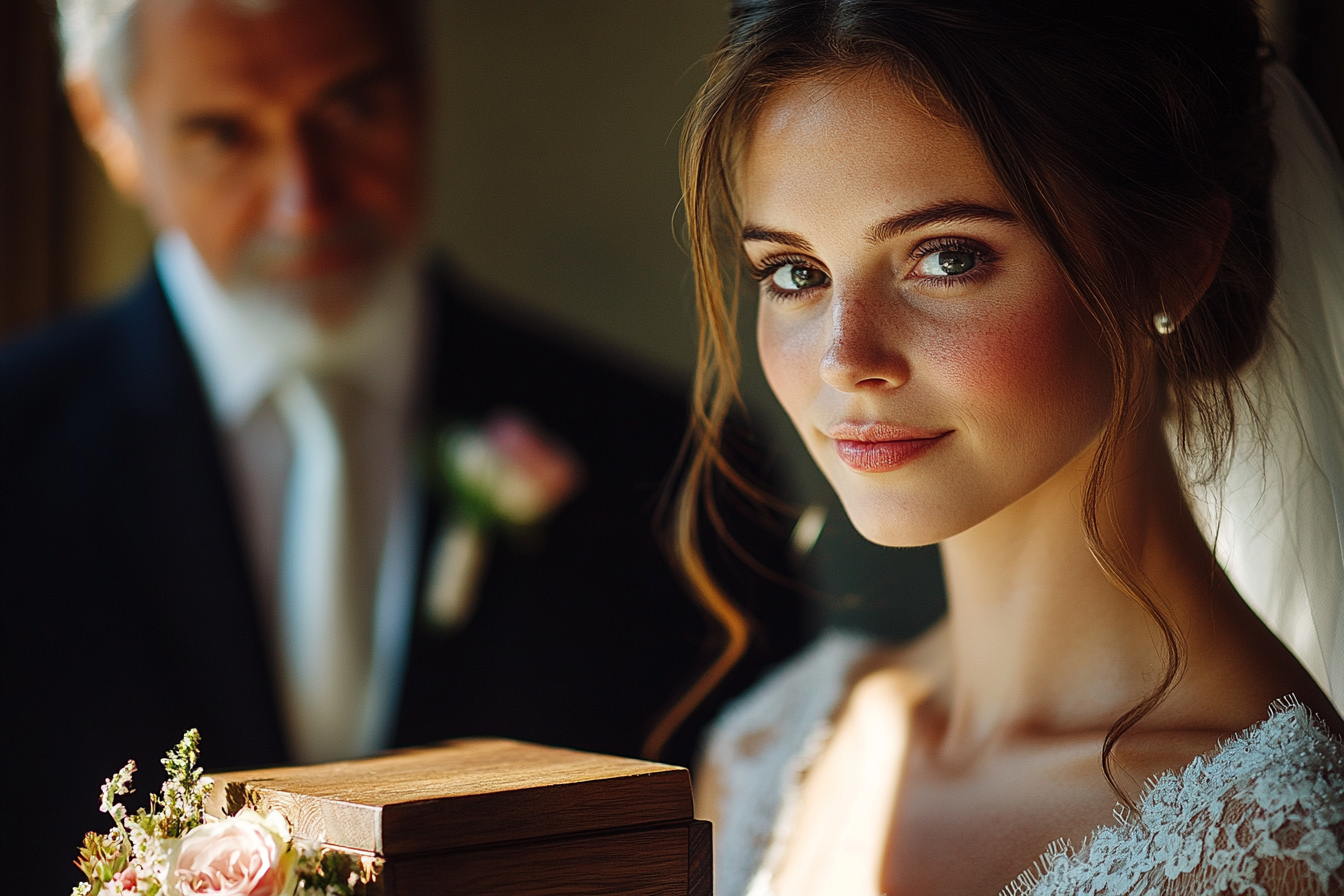 A bride with a thoughtful expression on her face, holding a small wooden box, a gift from her father | Source: Midjourney