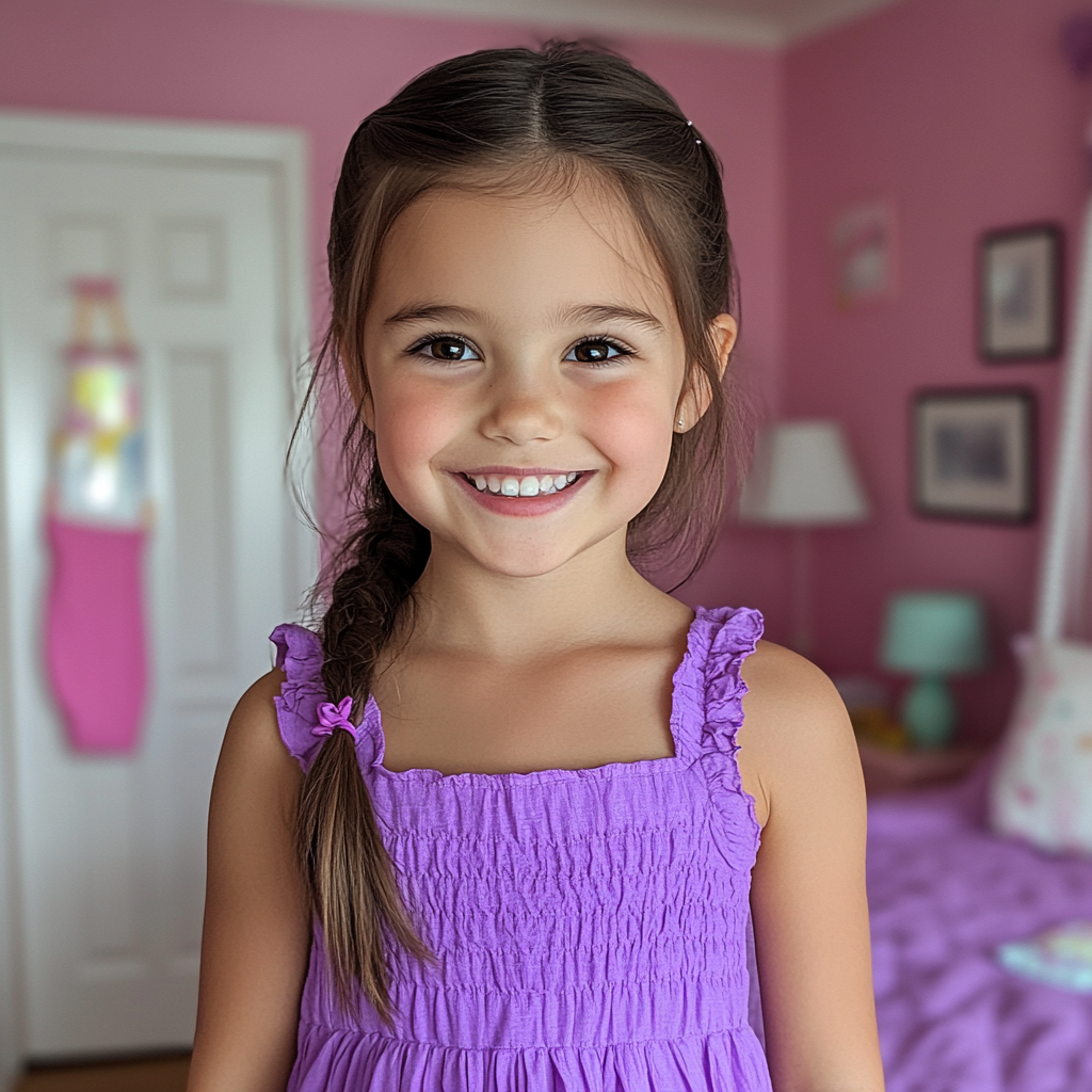 A smiling little girl standing in her bedroom | Source: Midjourney