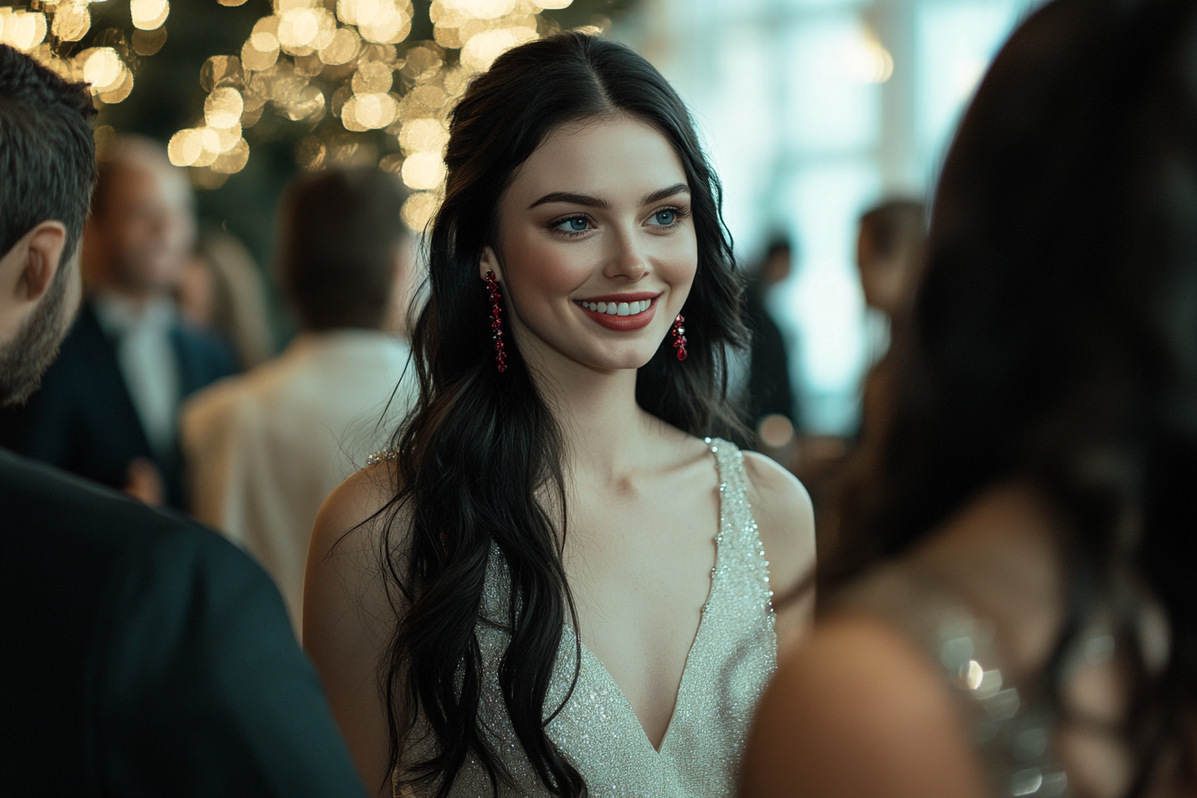 Woman in her 20s wearing a white cocktail dress smiles while talking to other people at a party venue | Source: Midjourney