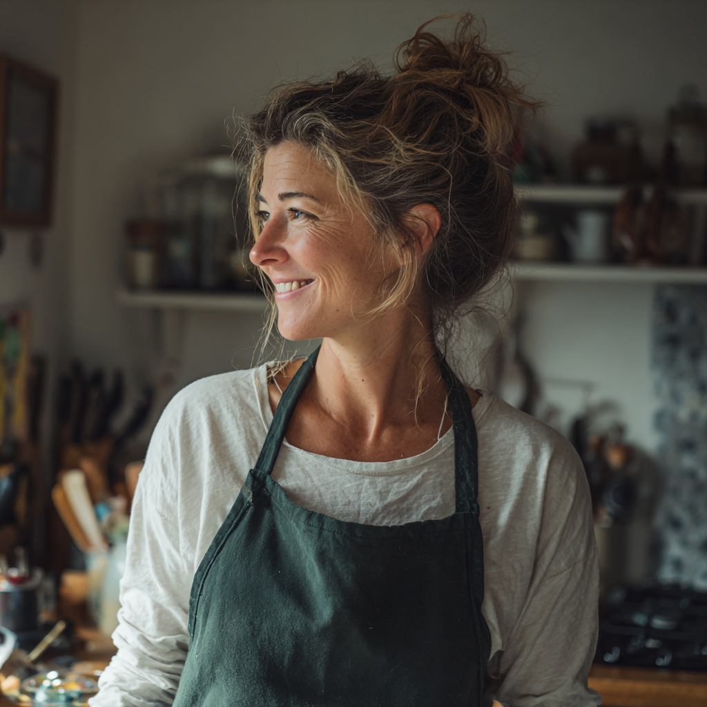 A smiling woman wearing a dark green apron | Source: Midjourney