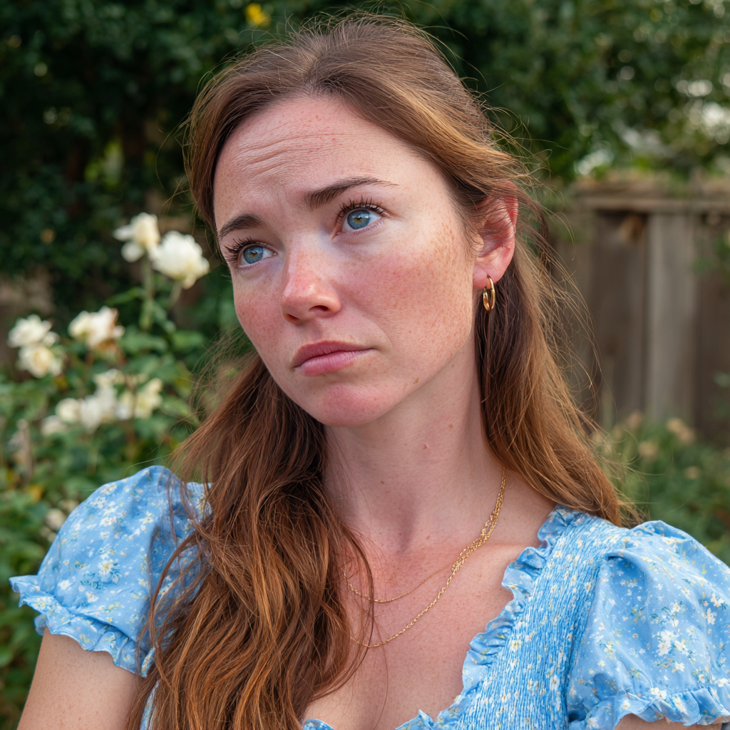 A concerned woman in a blue dress | Source: Midjourney