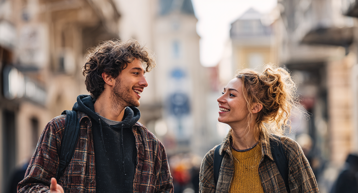 A couple talking while walking on a city street | Source: Midjourney