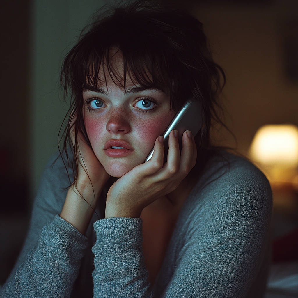 An upset woman talking on the phone | Source: Midjourney