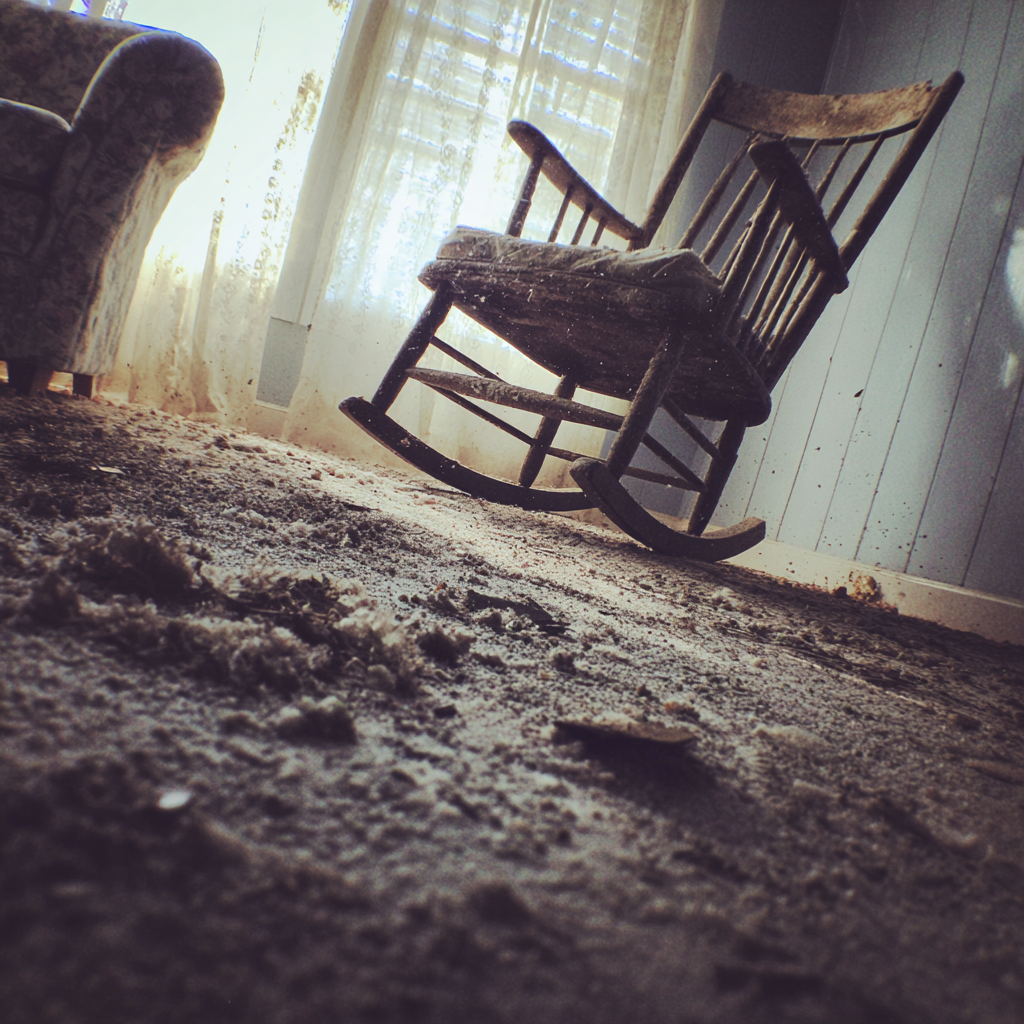A destroyed rocking chair in a living room | Source: Midjourney