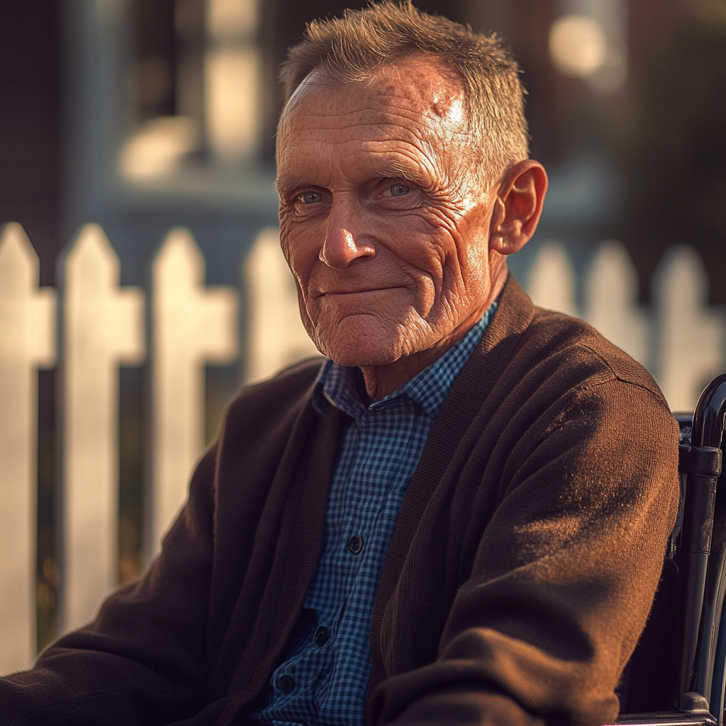 A smiling older man sitting in a wheelchair outside his house | Source: Midjourney