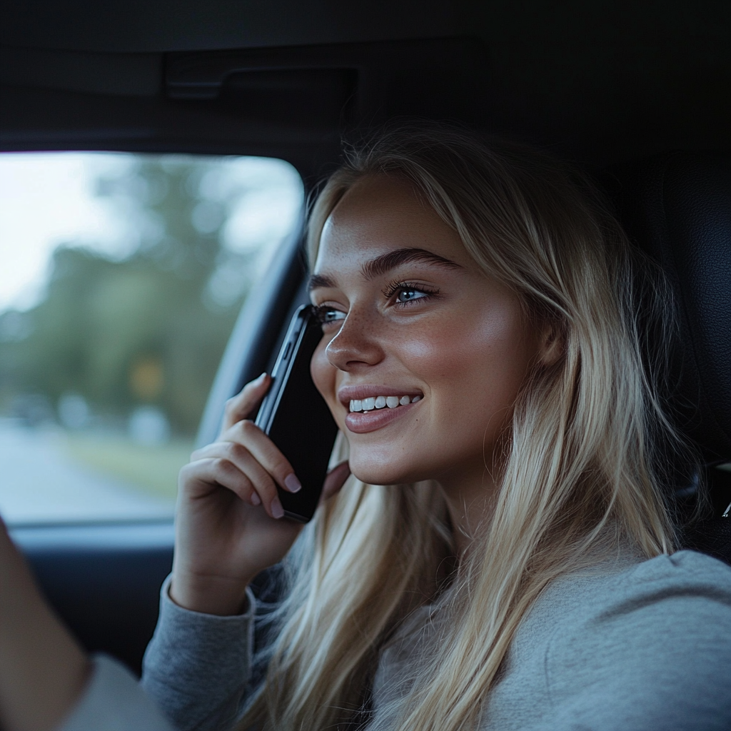 A smiling woman talking on her phone while driving | Source: Midjourney