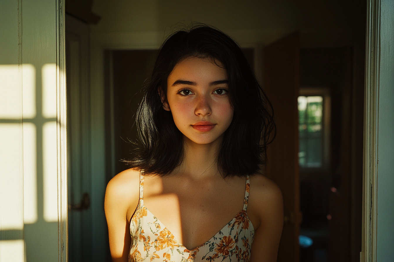 18 year old woman looking determined in the doorway of a house | Source: Midjourney