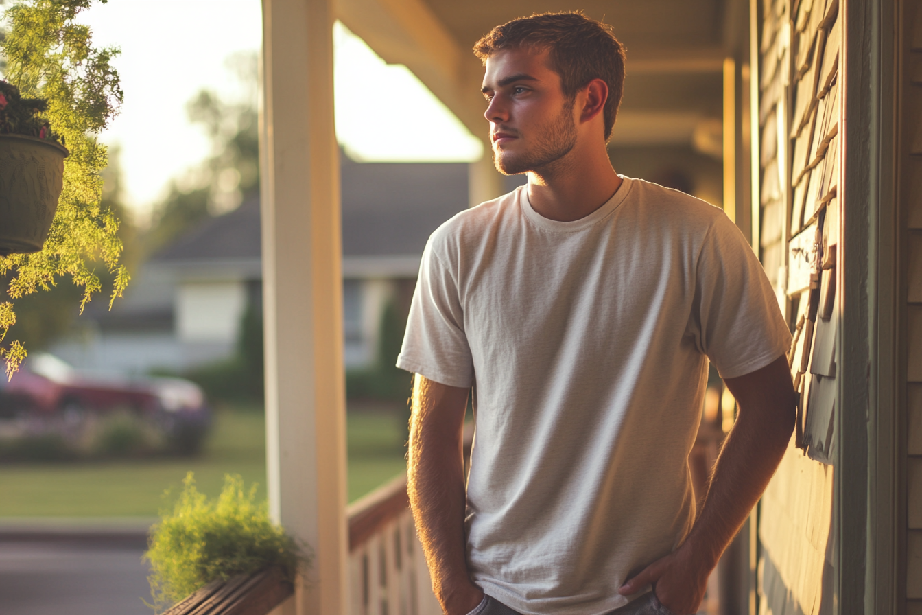 A pensive young man standing on a porch | Source: Midjourney