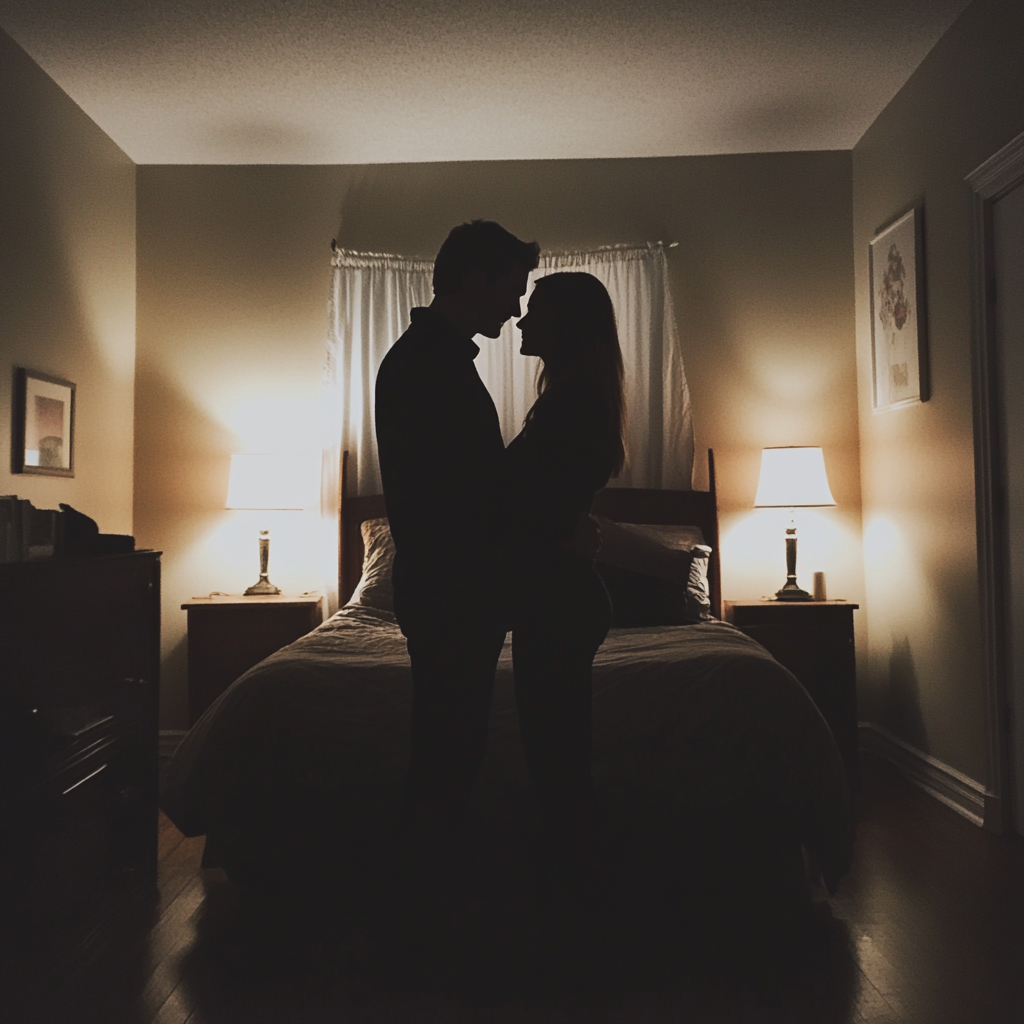 A couple standing in a bedroom | Source: Midjourney