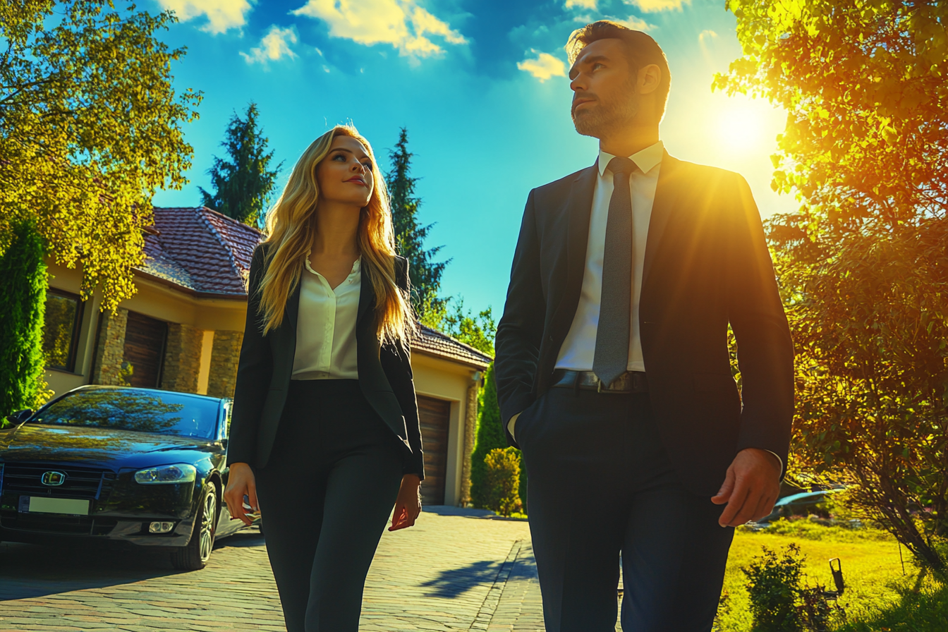 A man and a woman walking up a driveway | Source: Midjourney