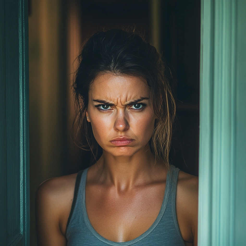 An angry woman in her doorway | Source: Midjourney