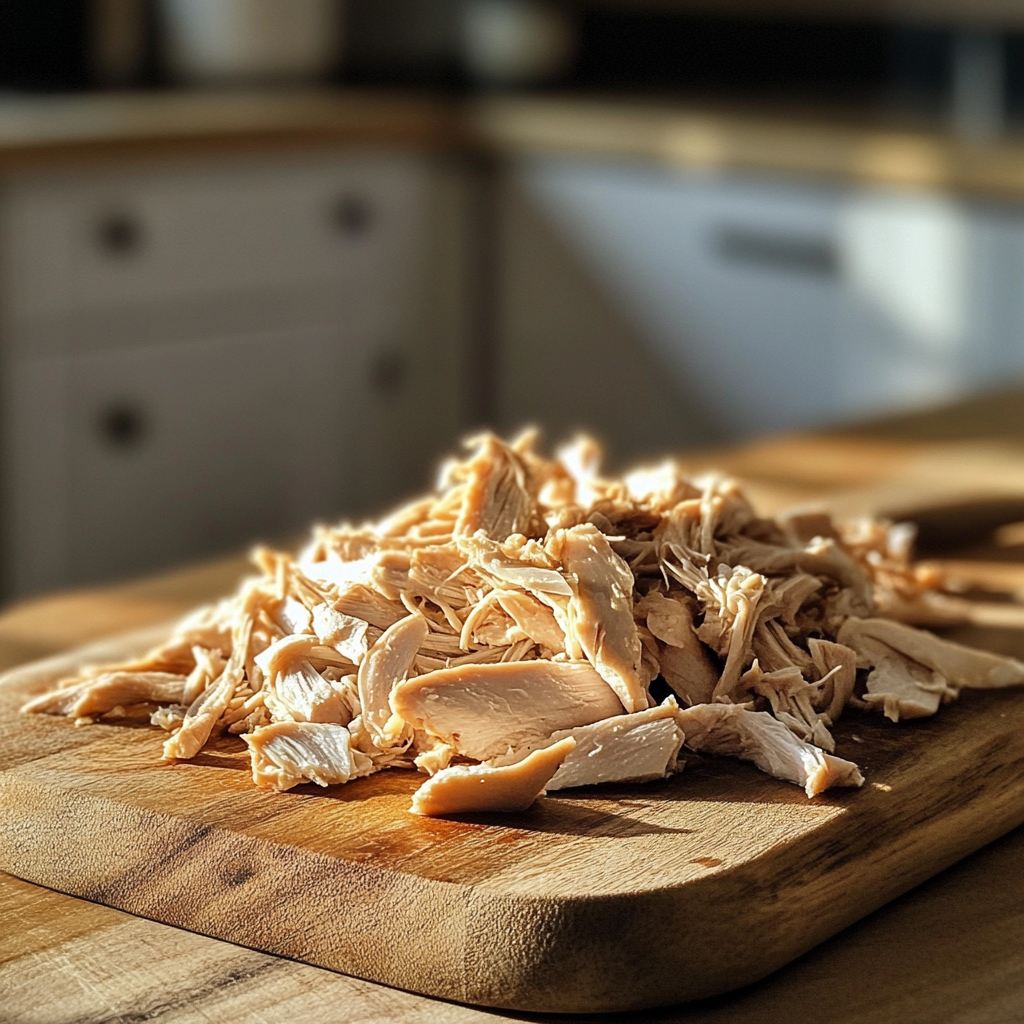 Shredded chicken on a board | Source: Midjourney