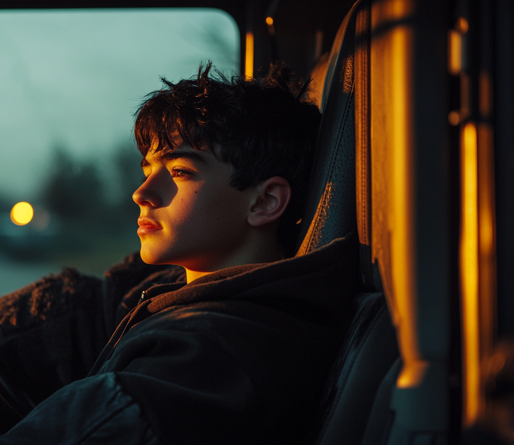 A teenage boy looking out the window from the passenger seat of a truck | Source: Midjourney