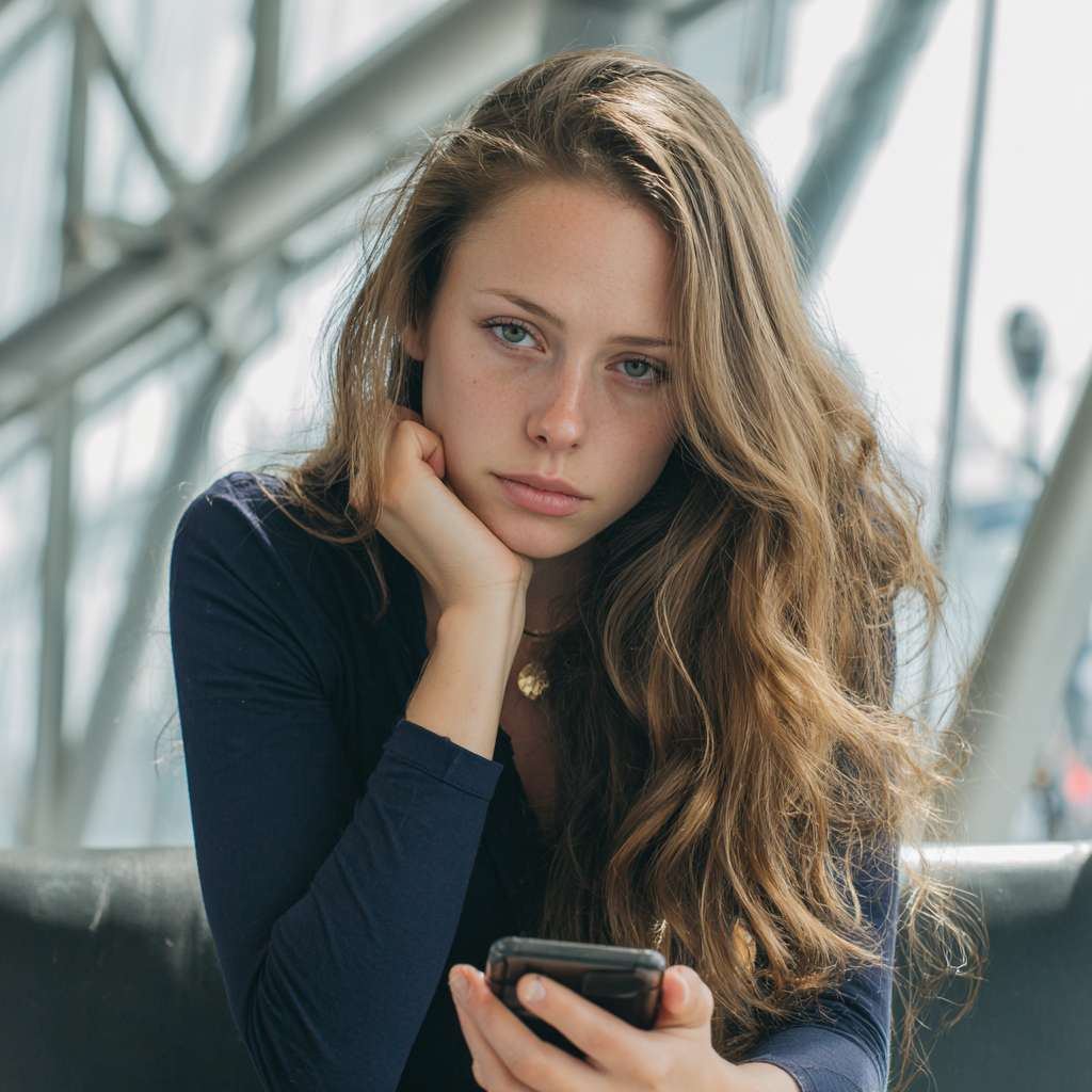 An upset woman looking at her cellphone | Source: Midjourney