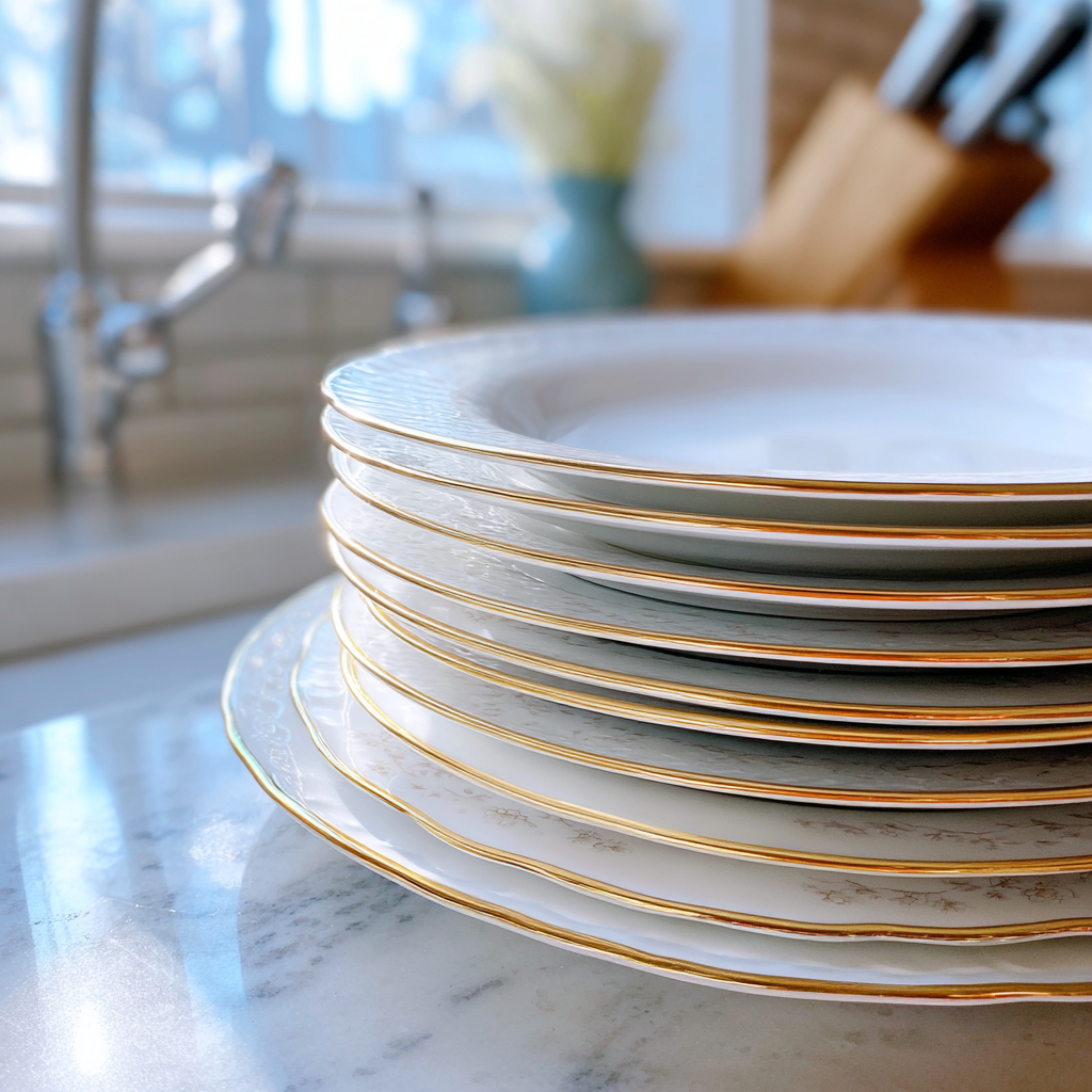 A stack of gold rimmed plates | Source: Midjourney