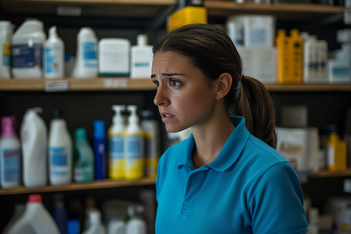 A worried-looking woman in a supply room | Source: Midjourney