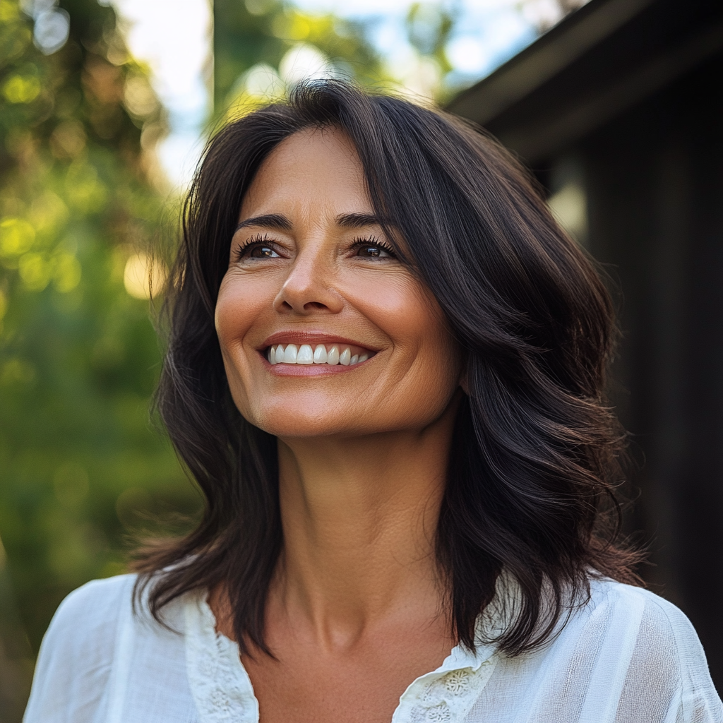 A smiling woman standing outside | Source: Midjourney