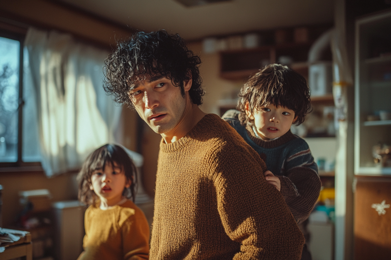 A man looking tired while caring for his 4-year-old twins in a cluttered apartment | Source: Midjourney