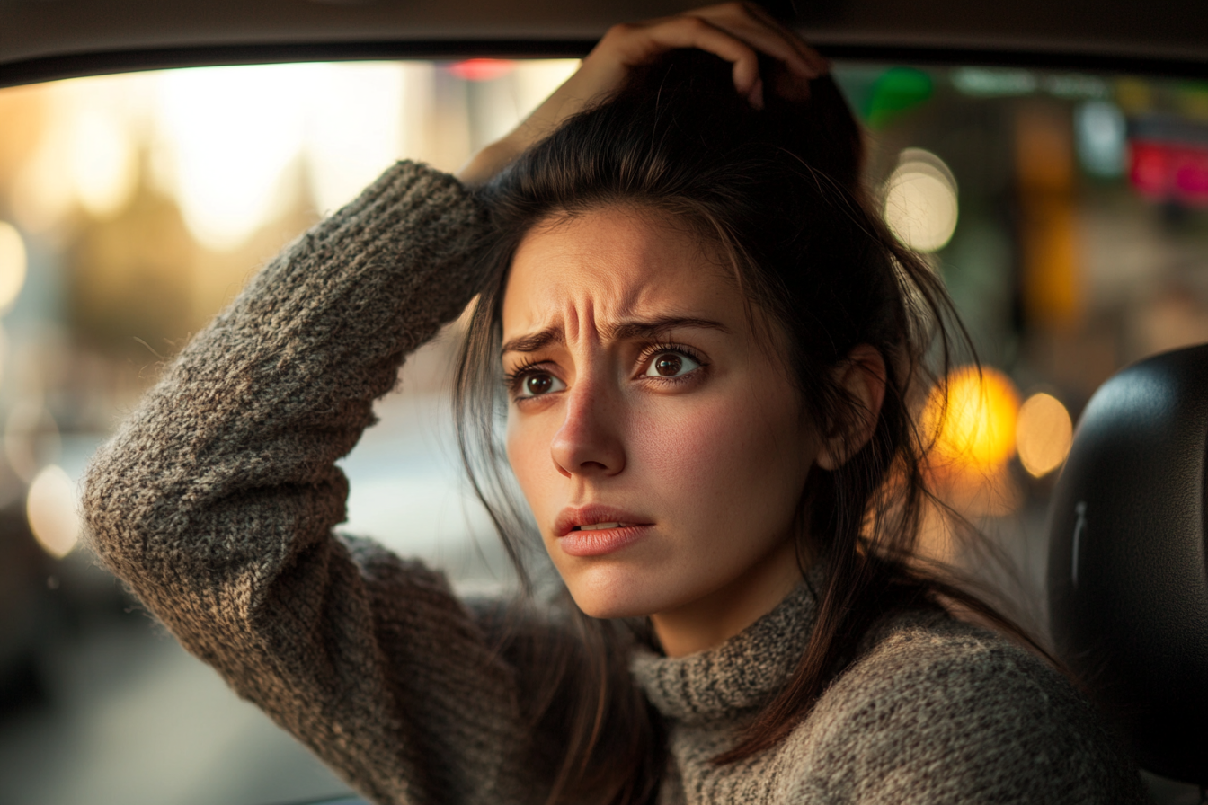 An upset woman in her car | Source: Midjourney