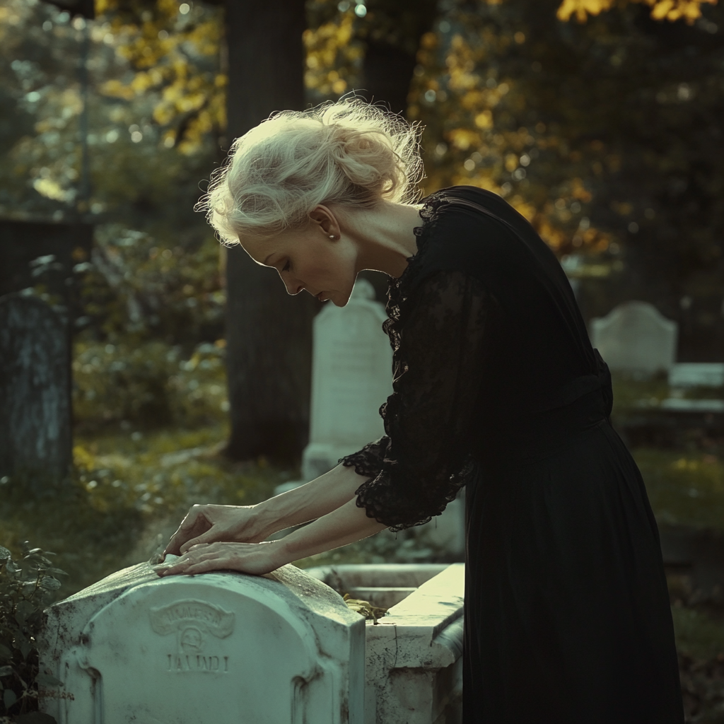 A woman scrubbing a headstone | Source: Midjourney