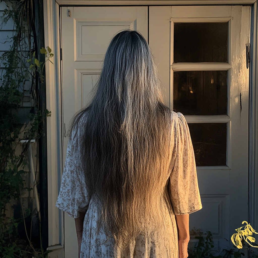 A woman standing in front of a door | Source: Midjourney