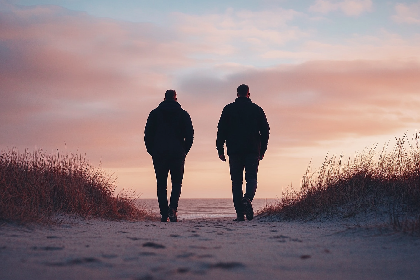 Two men walking on a path to a beach | Source: Midjourney