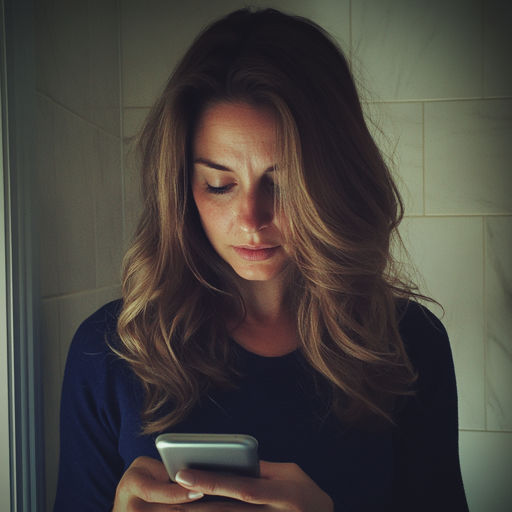 A woman looking down at her phone | Source: Midjourney