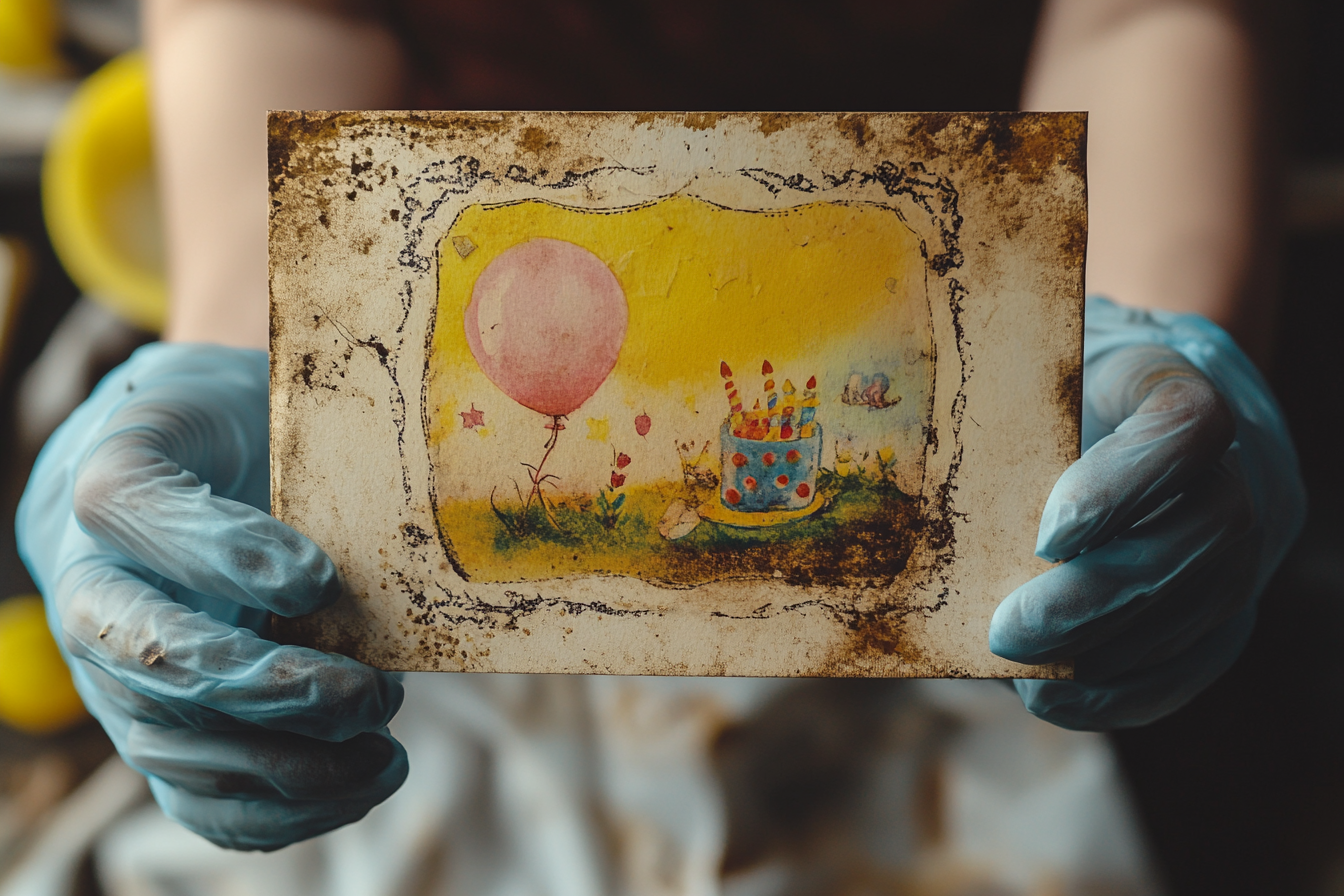 A woman wearing gloves holding a grimy birthday card | Source: Amomama