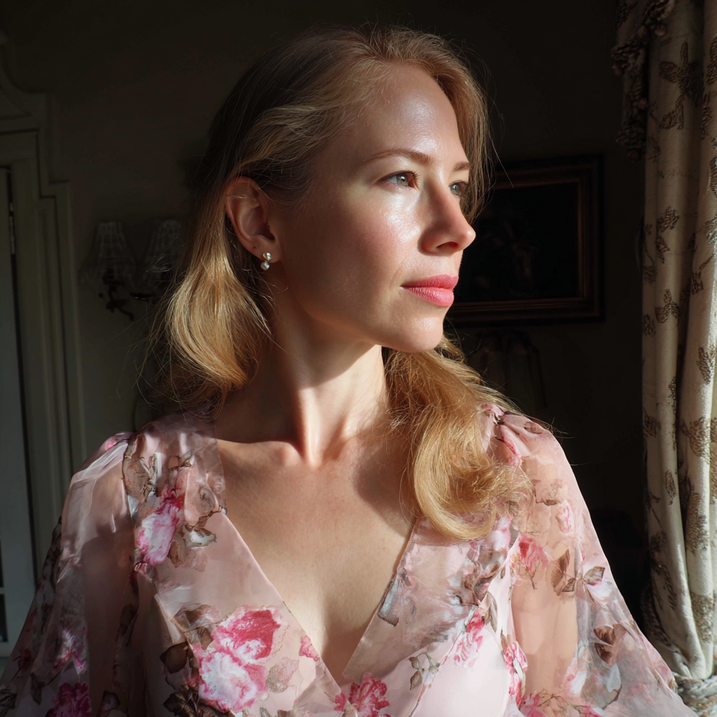 A pensive woman in a pink floral dress | Source: Midjourney