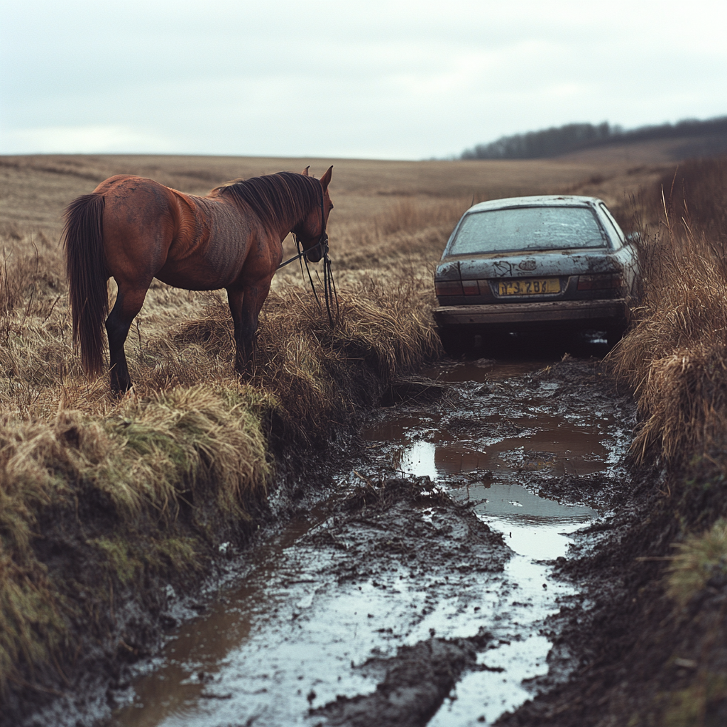 A horse standing by a car in a ditch | Source: Midjourney