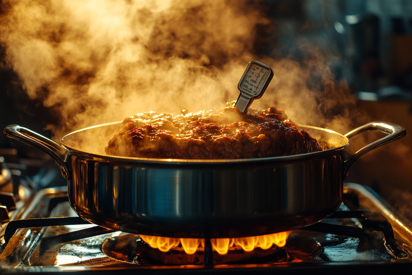 Pot roast cooking on a stove with a meat thermometer | Source: Midjourney