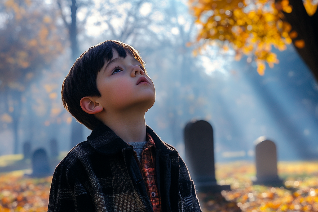 A boy in a cemetery looking up at someone | Source: Midjourney