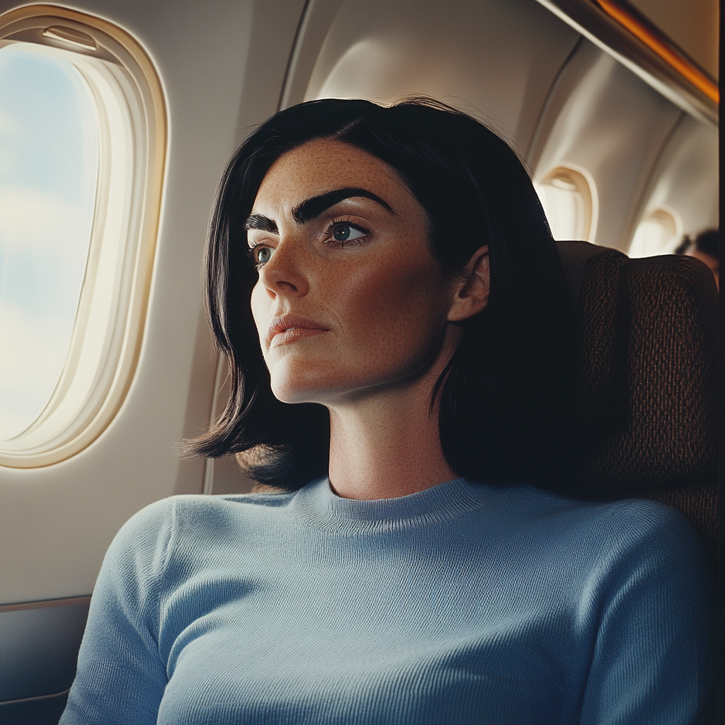 Una mujer mira pensativa por la ventana de un avión | Fuente: Midjourney