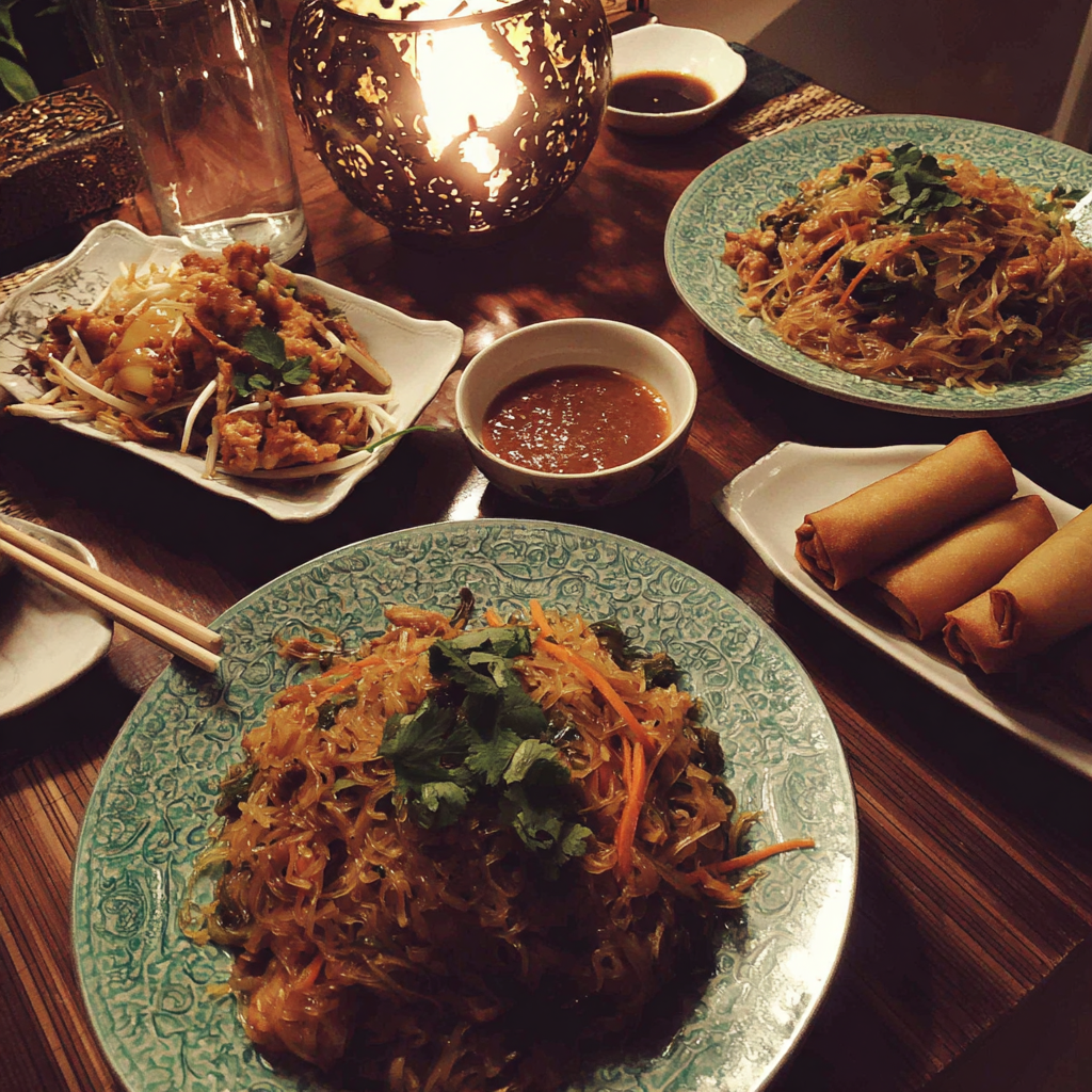 Thai food on a coffee table | Source: Midjourney