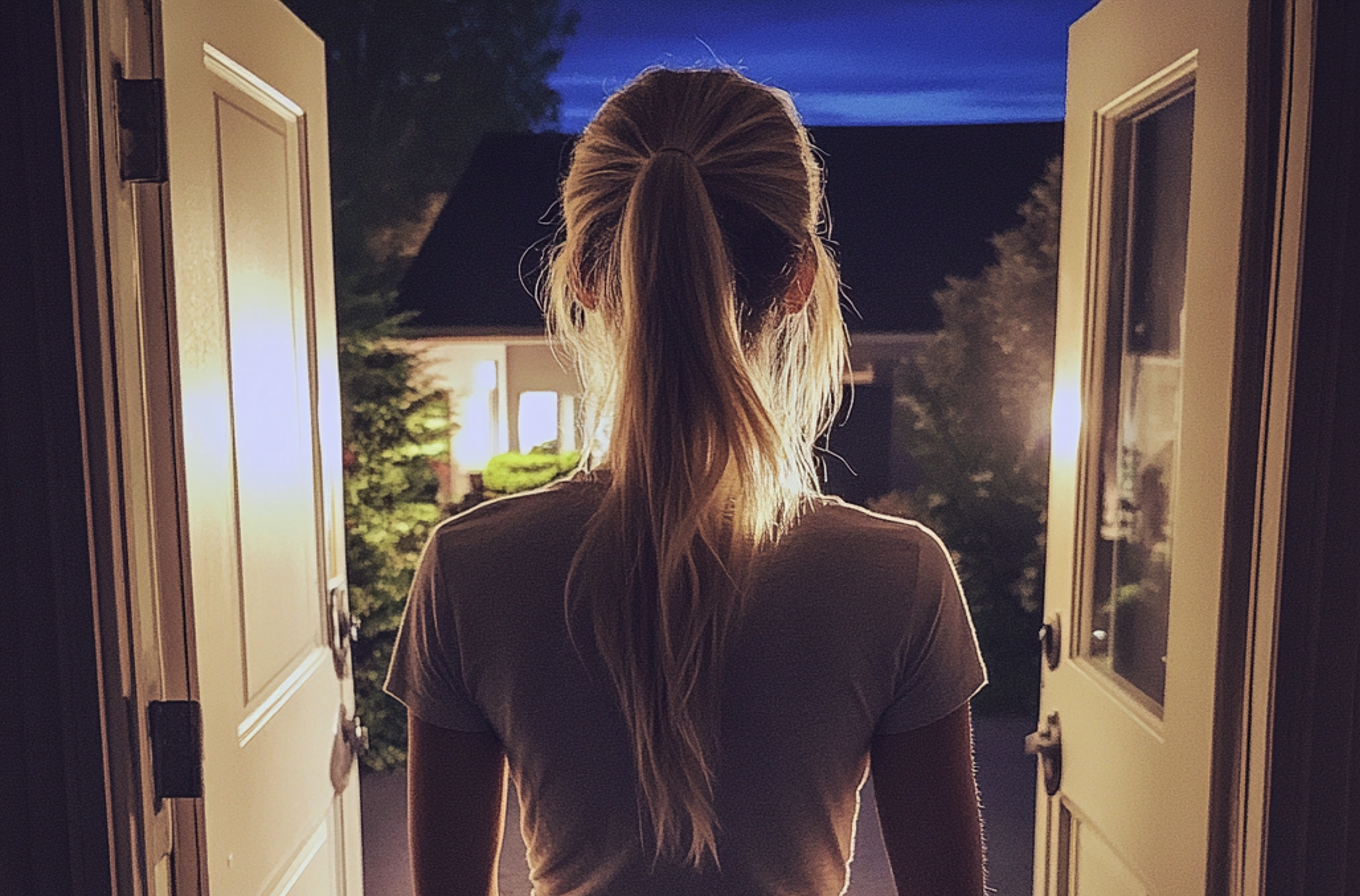 A woman walking out of a house | Source: Midjourney