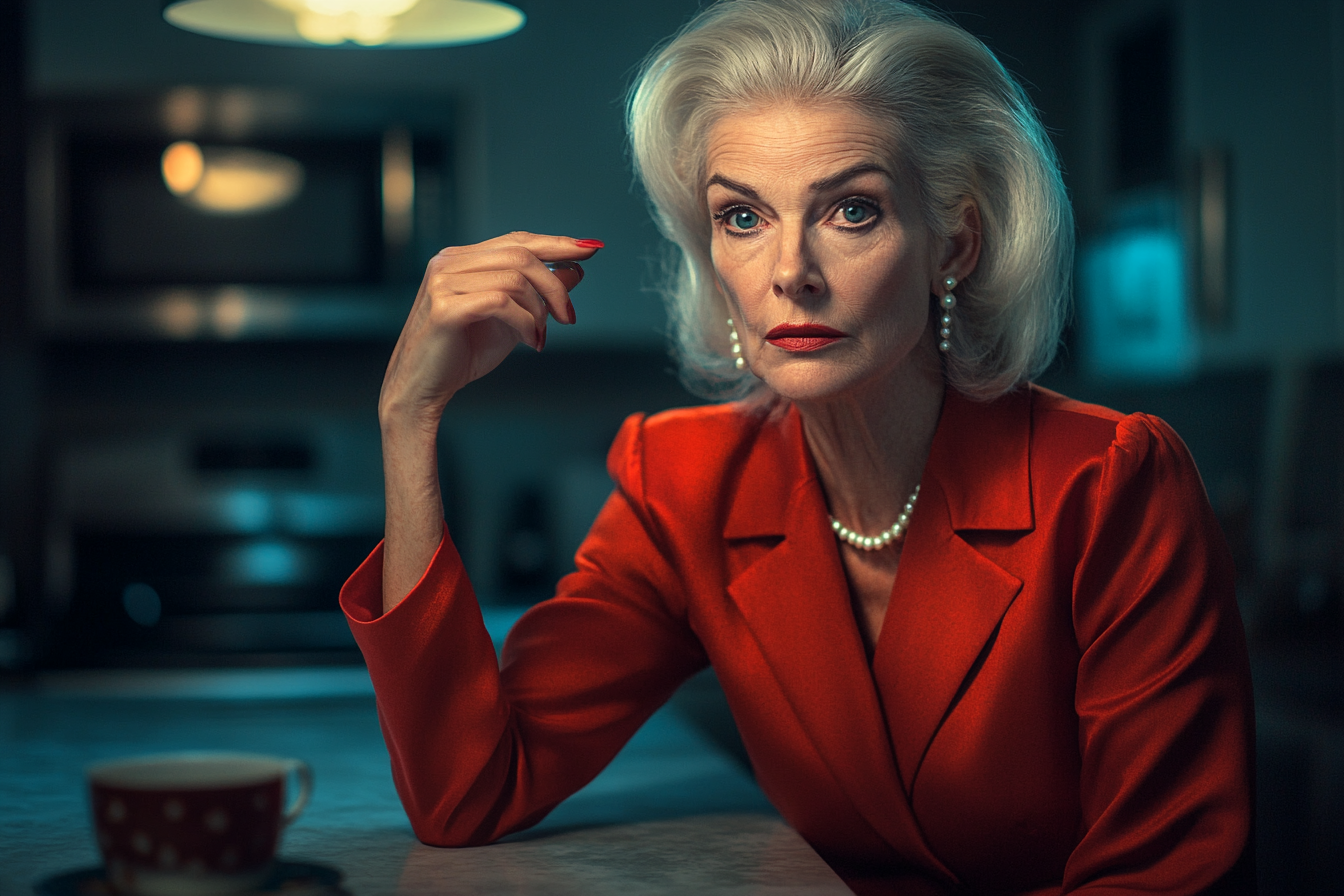 Elegant woman in her 60s sitting on a kitchen table with one hand up looking serious and upset | Source: Midjourney