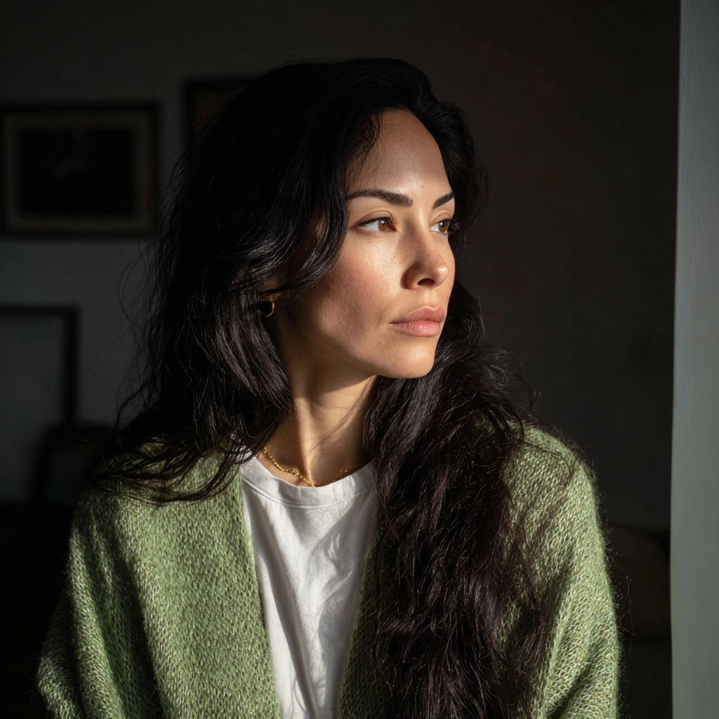 A pensive woman standing in a living room | Source: Midjourney