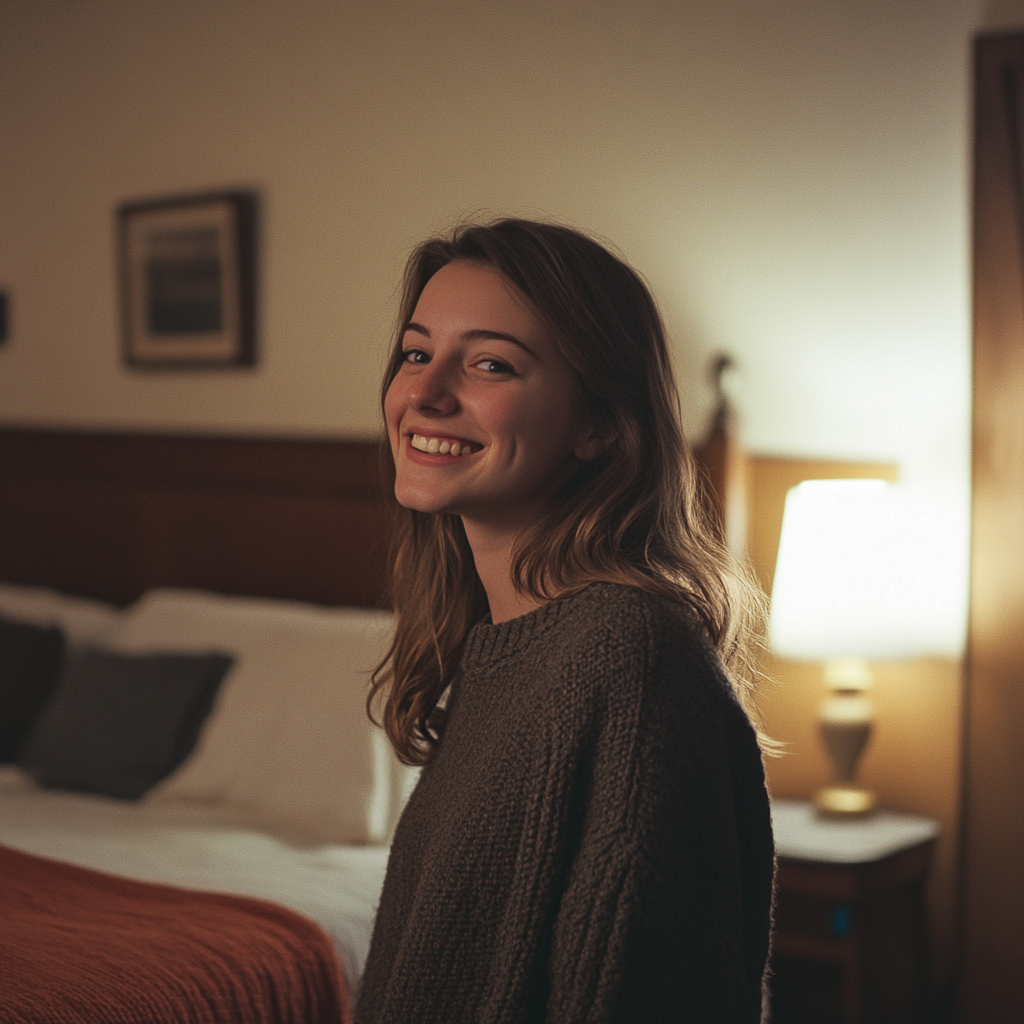 A smiling woman in a motel room | Source: Midjourney