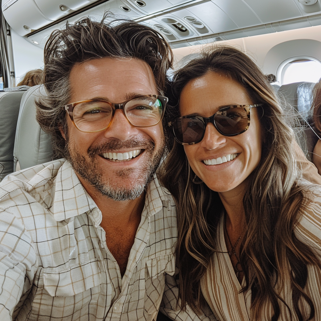 A couple sitting on a flight | Source: Midjourney