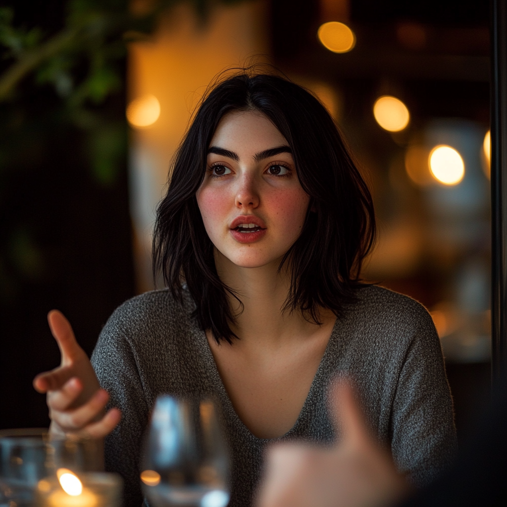 A woman speaking to someone over dinner | Source: Midjourney